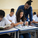 Estudante brasileiro realizando atividade escolar em ambiente de aprendizagem